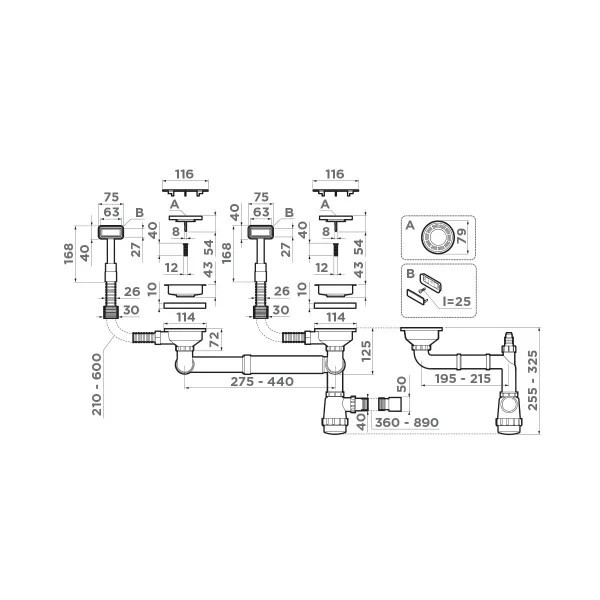 Арматура для двухчашевых кухонных моек Omoikiri WK-2C IN 4956476 с прямоугольными переливами и декоративными элементами для корзины, нержавеющая сталь