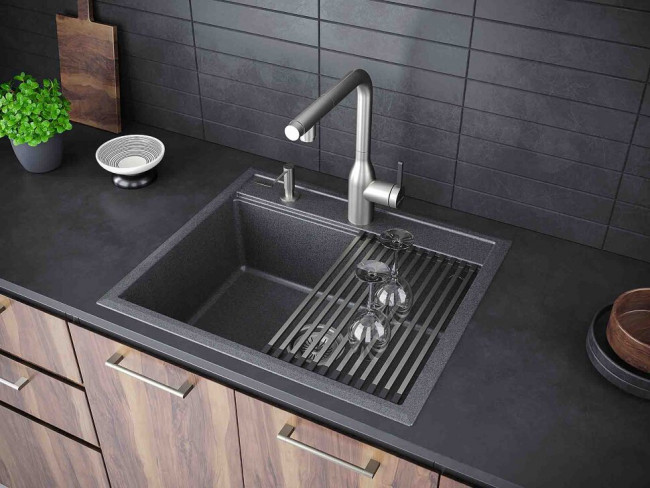 Комплект мойка кухонная Paulmark Stepia 60 из искусственного камня с ролл-матом Step PM115951-DG+R375-BS, графит
